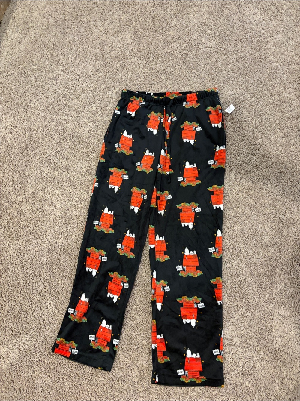Peanuts Black Pajama Pants with Red Snoopy Doghouse/Pumpkin Print